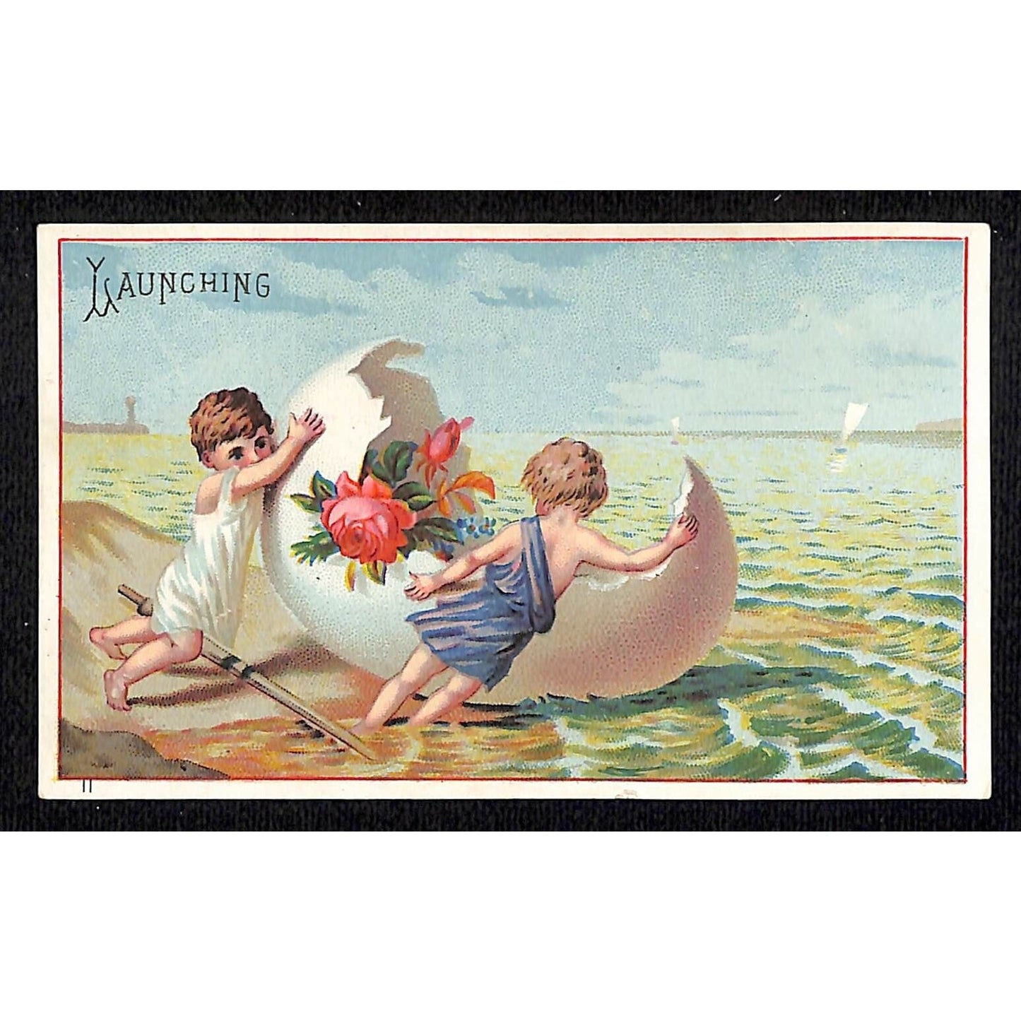 Blank / No Co. Info Victorian Trade Card - Kids Launch Egg Shell Boat VGC