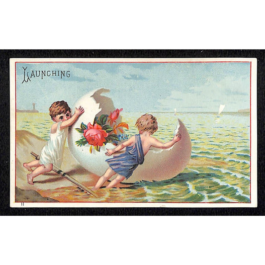 Blank / No Co. Info Victorian Trade Card - Kids Launch Egg Shell Boat VGC