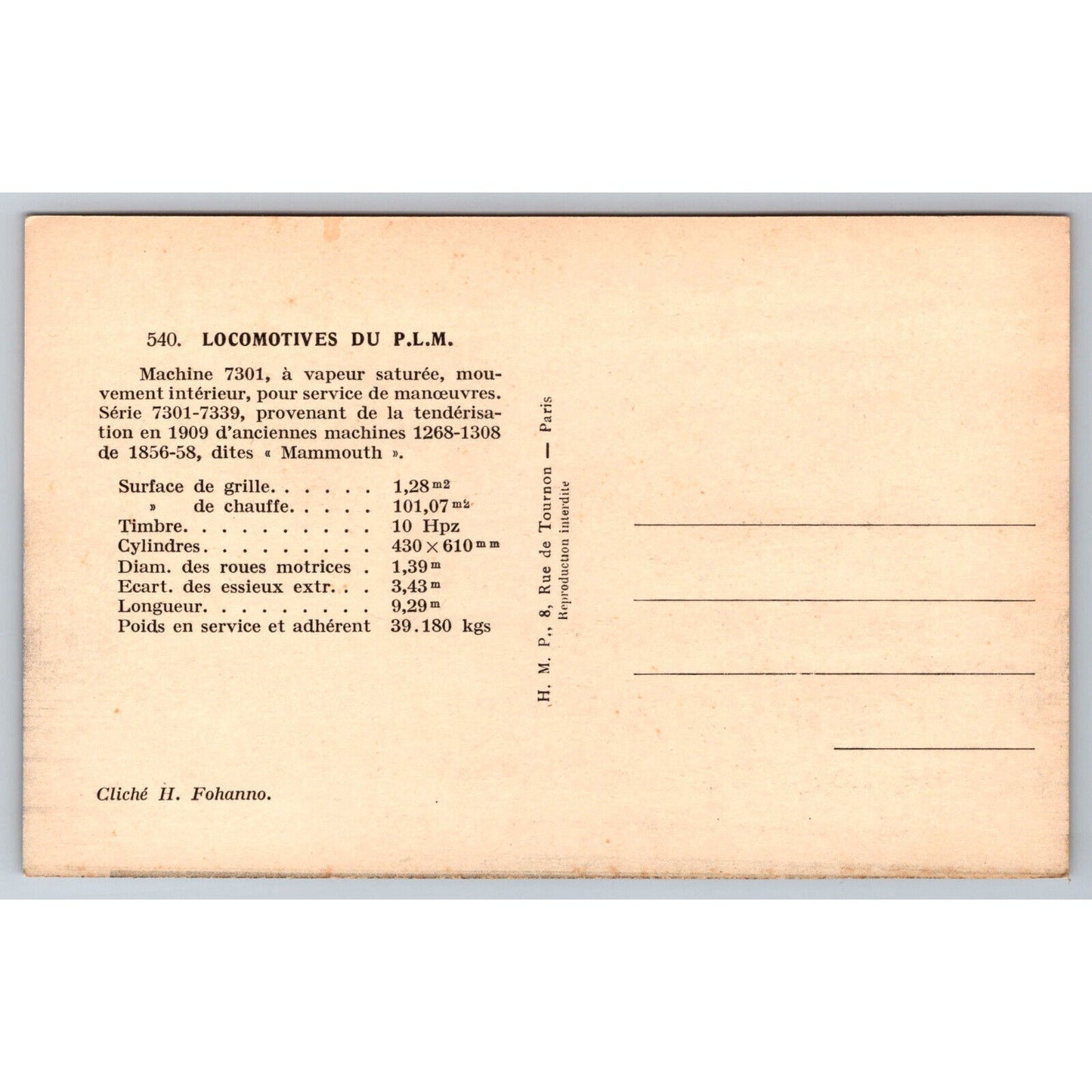 French Railroad RPPC* Postcard Machine 7301 Series 7301-7339 c1900 H.M.P.