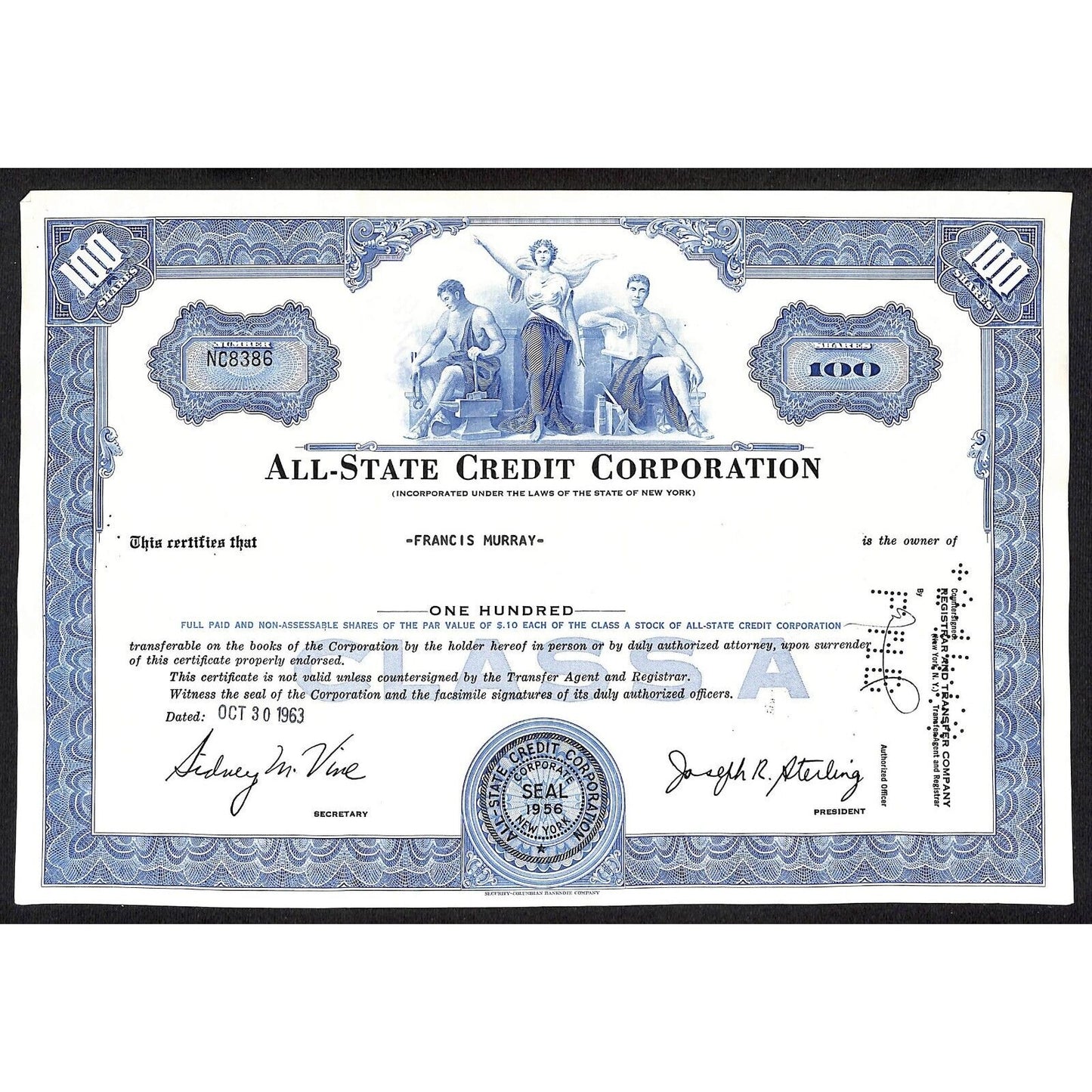 All State Credit Corporation NY 1963 Stock Certificate to: Francis Murray