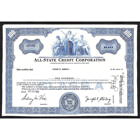 All State Credit Corporation NY 1963 Stock Certificate to: Francis Murray