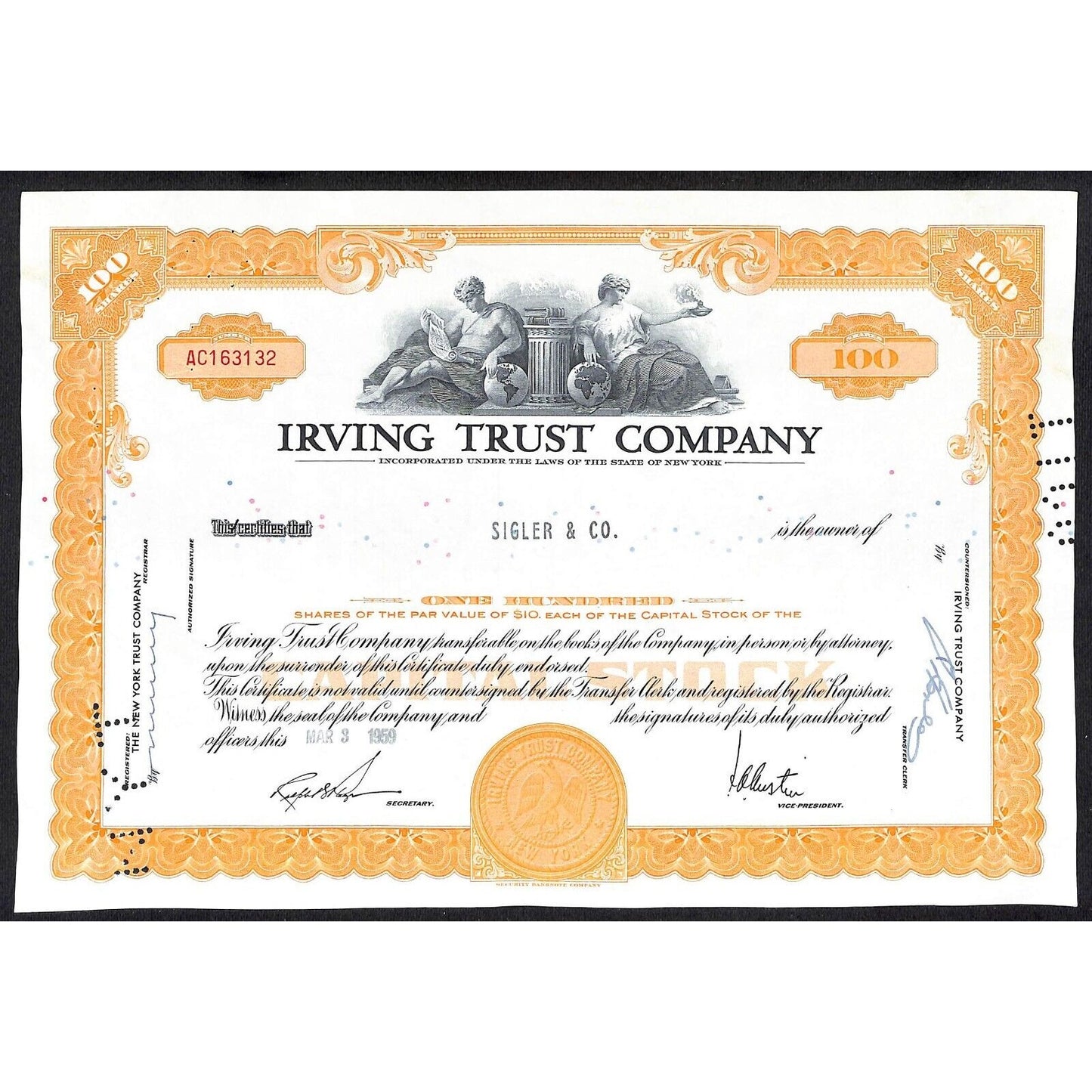 Irving Trust Company NY 1959 Stock Certificate to: Sigler & Co. #163132