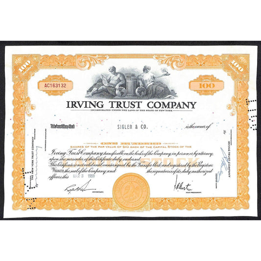 Irving Trust Company NY 1959 Stock Certificate to: Sigler & Co. #163132
