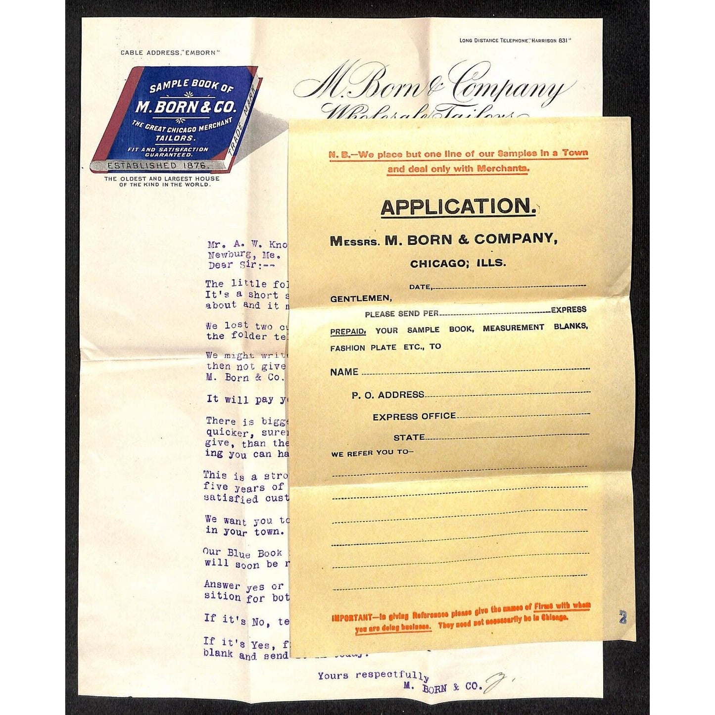 M. Born & Co. Wholesale Tailors Chicago 1910 Letterhead Order Form Cover VGC