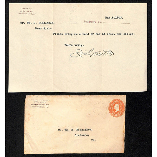 1903 J.L. Butt Attorney Gettysburg, PA TLS + Cover re: "Load of Hay"