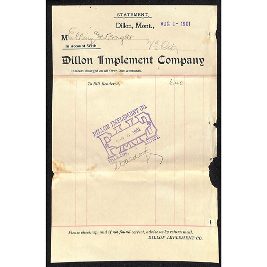 1901 Dillon Implement Co. Dillon, MT Statement