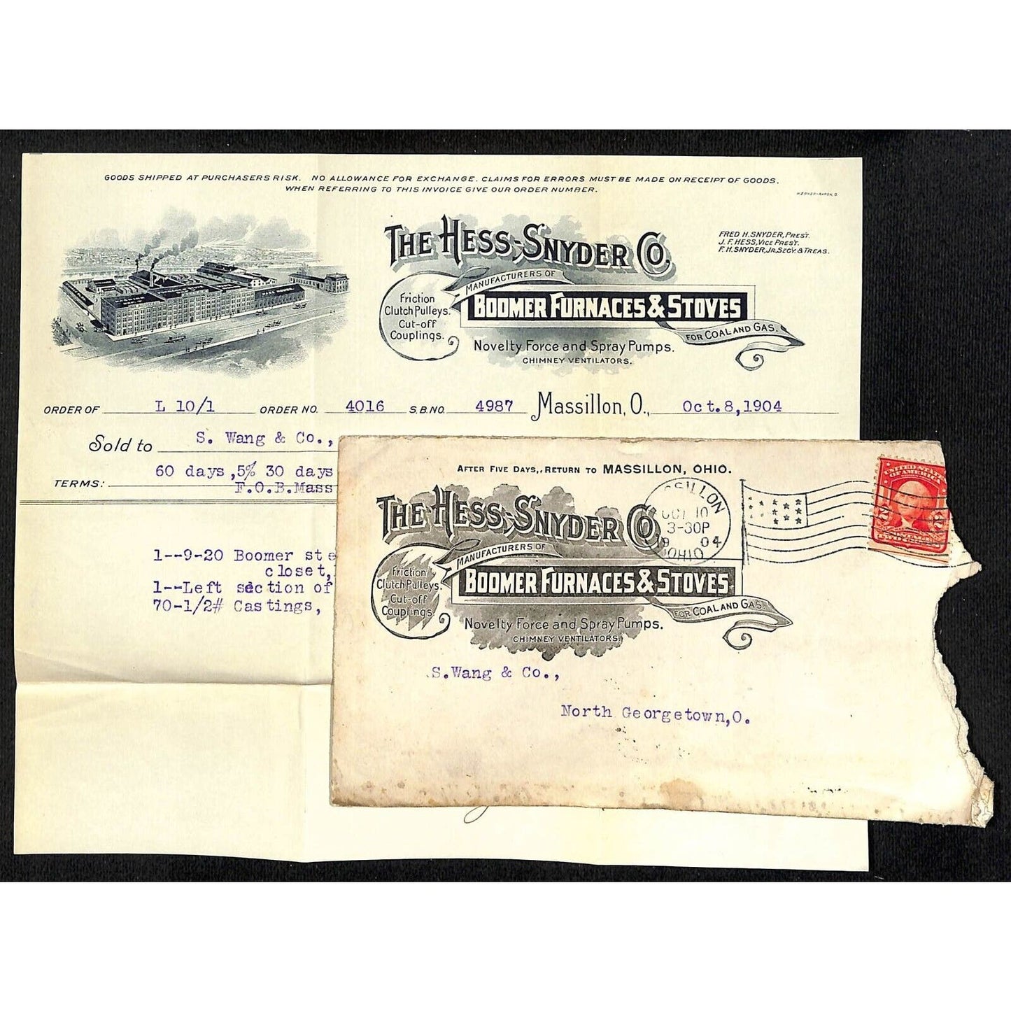 The Hess-Snyder Co Massillon Samuel Wang Co* N. Georgetown 1904 Billhead & Cover
