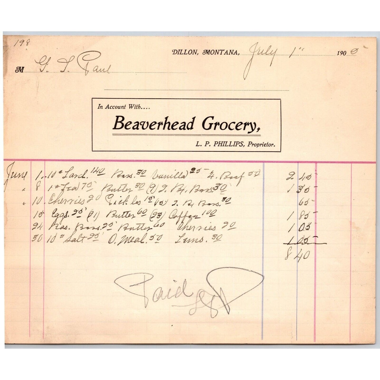 Dillon, MT Beaverhead Grocery L.P. Phillips 1900 Billhead G.T. Paul*