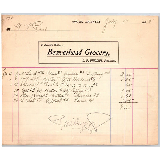 Dillon, MT Beaverhead Grocery L.P. Phillips 1900 Billhead G.T. Paul*