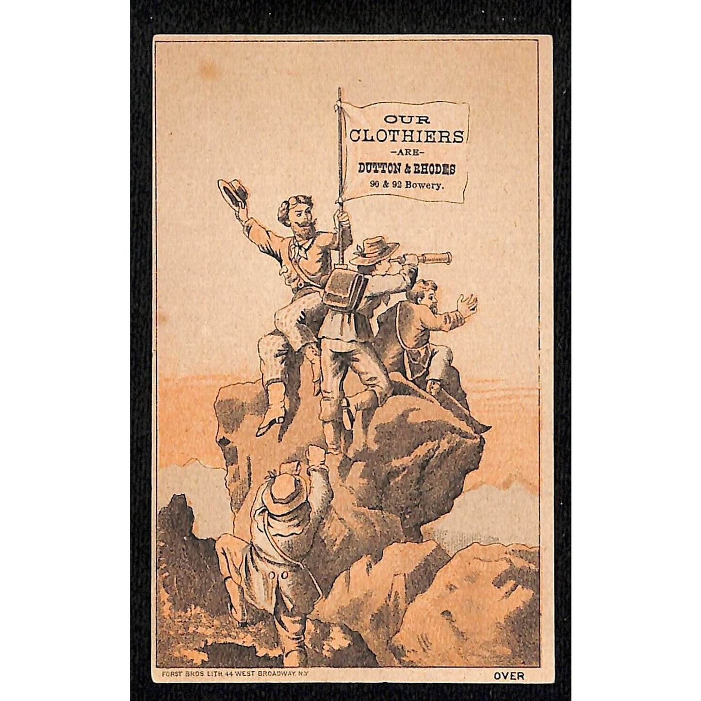 Dutton & Rhodes Clothiers Bowery, New York Victorian Trade Card Explorers Flag