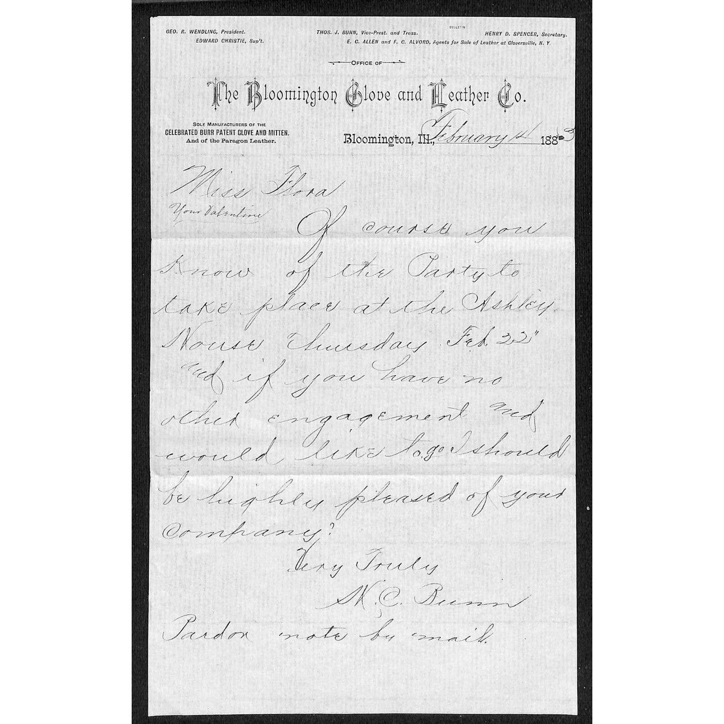 Bloomington Glove and Leather Co. Illinois c1885 ALS Letterhead re" Party Invite