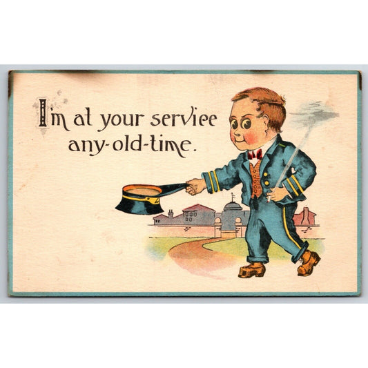 Funny Bell Hop ? Service Humor Cute Postcard "At Your Service" PM 1913
