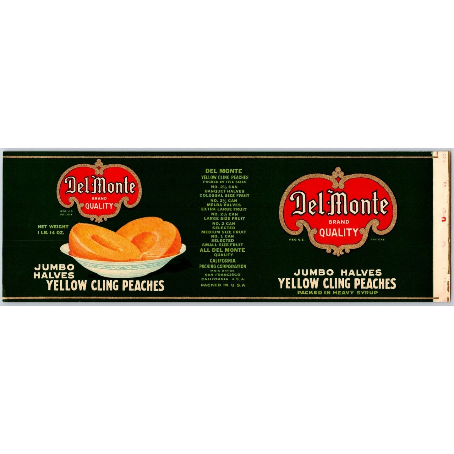 Del Monte Jumbo Halves Yellow Cling Peaches Paper Can Label 1930's VGC