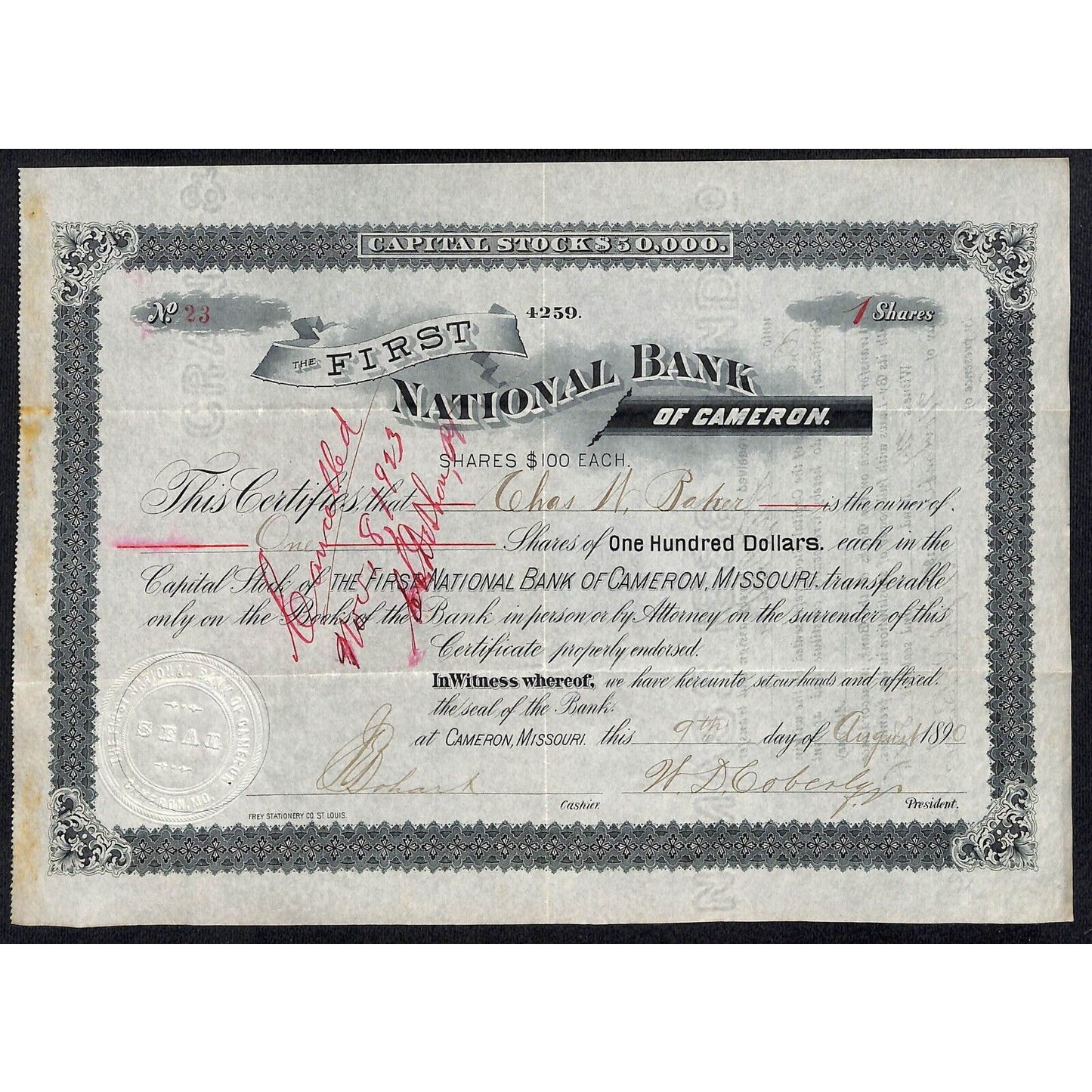 First National Bank of Cameron 1890 Stock Certificate #23 to Chas. W. Bahar ?