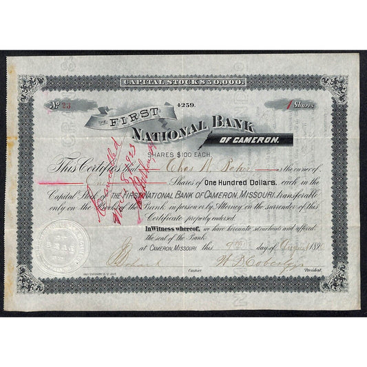 First National Bank of Cameron 1890 Stock Certificate #23 to Chas. W. Bahar ?
