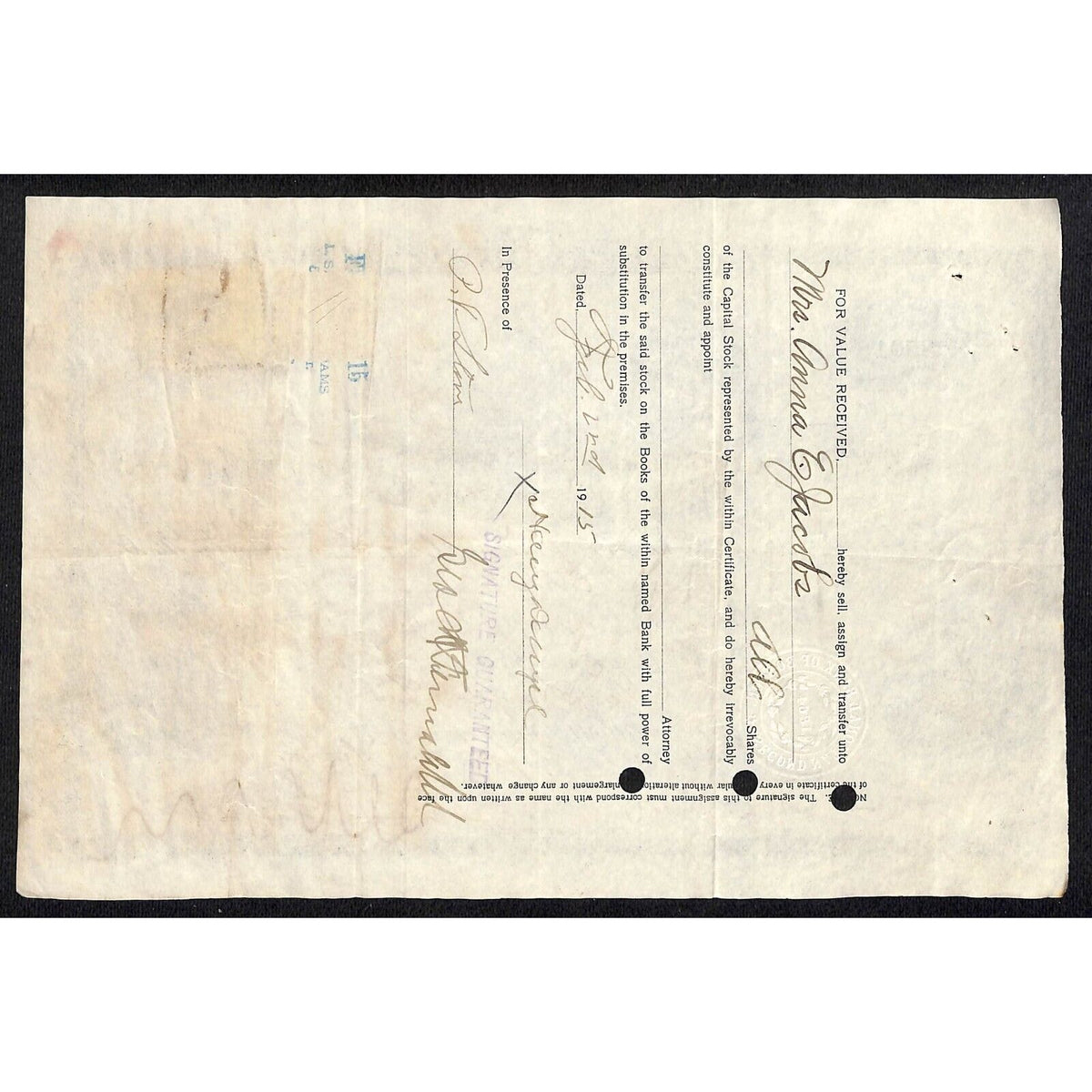 Second National Bank of Boston 1910 Stock Certificate to Harry Dangle