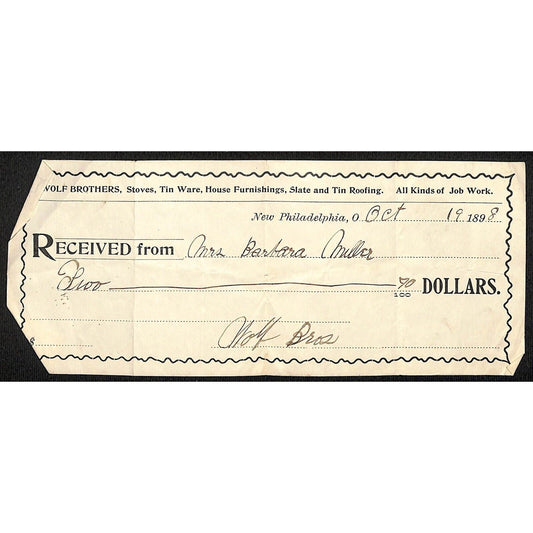 Wolf Brothers Stoves Tin Ware New Philadelphia, OH 1898 Receipt