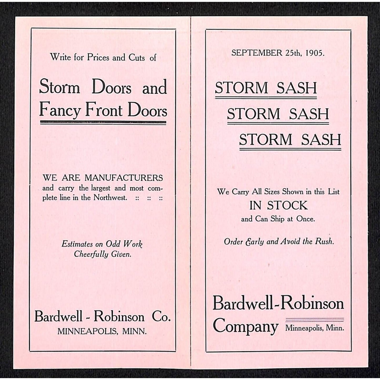 Bardwell Robinson Co. Minneapolis 1905 Storm / Fancy Front Doors Card w/ Prices
