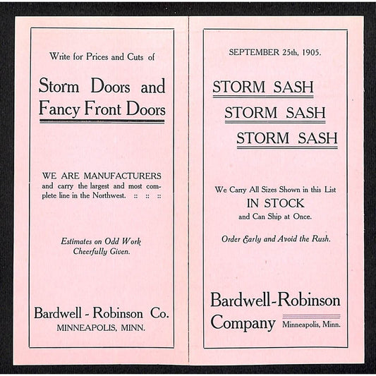 Bardwell Robinson Co. Minneapolis 1905 Storm / Fancy Front Doors Card w/ Prices