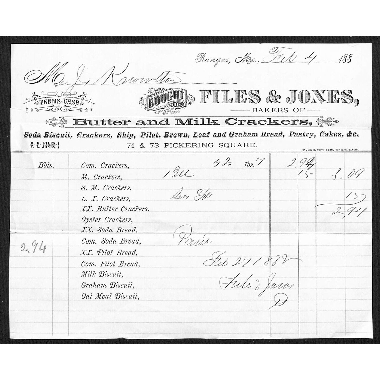 1882 Jabez Knowlton* Newburgh, ME Files & Jones Bangor Milk Crackers Billhead