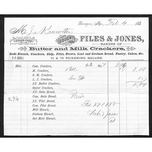 1882 Jabez Knowlton* Newburgh, ME Files & Jones Bangor Milk Crackers Billhead