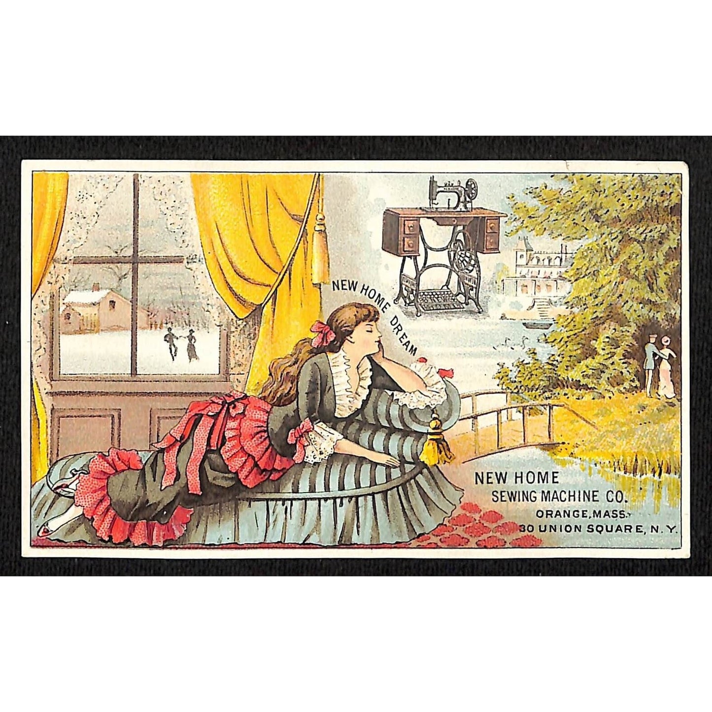 New Home Sewing Machine Co Victorian Trade Card - Woman Dreams About Product