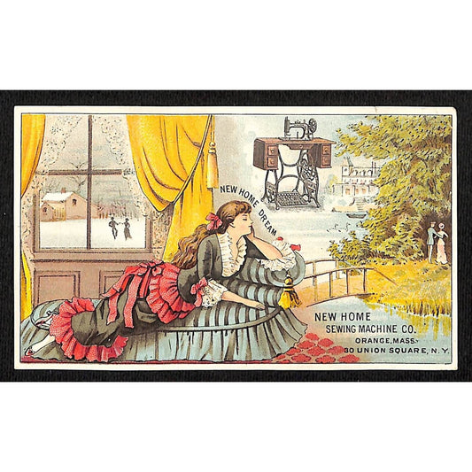 New Home Sewing Machine Co Victorian Trade Card - Woman Dreams About Product