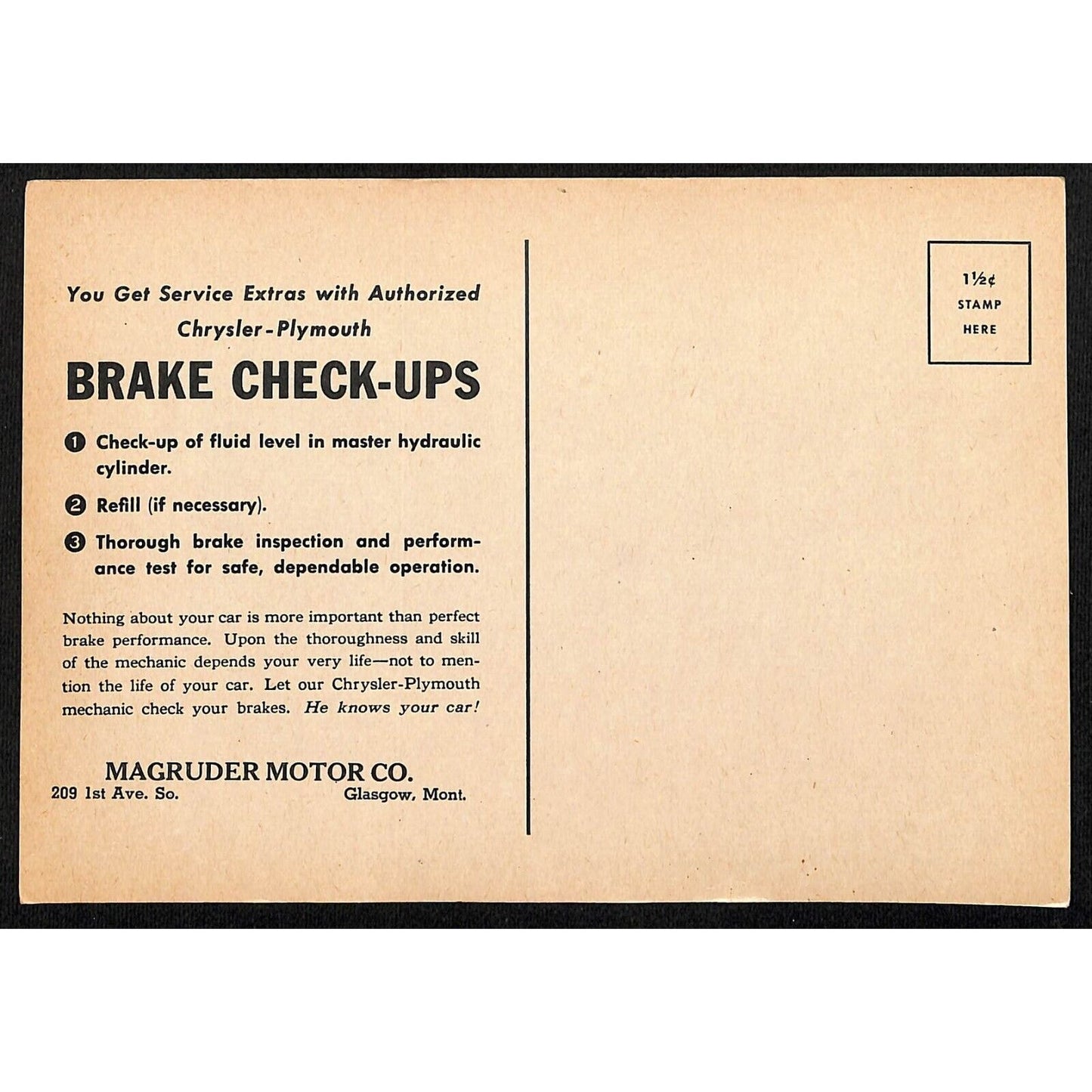 Magruder Motor Chrysler Plymouth Glasgow, MT Funny Brake Service #3 Postcard