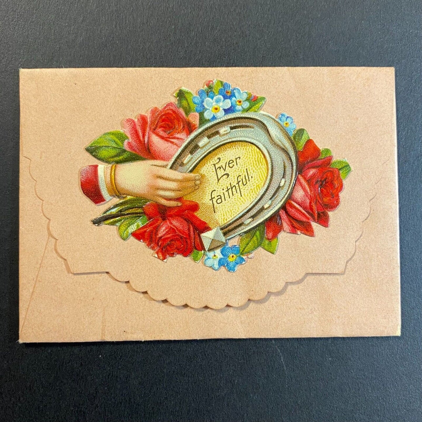 Victorian Die Cut Envelope Name Card Greeting "Ever Faithful" w/ Horseshoe