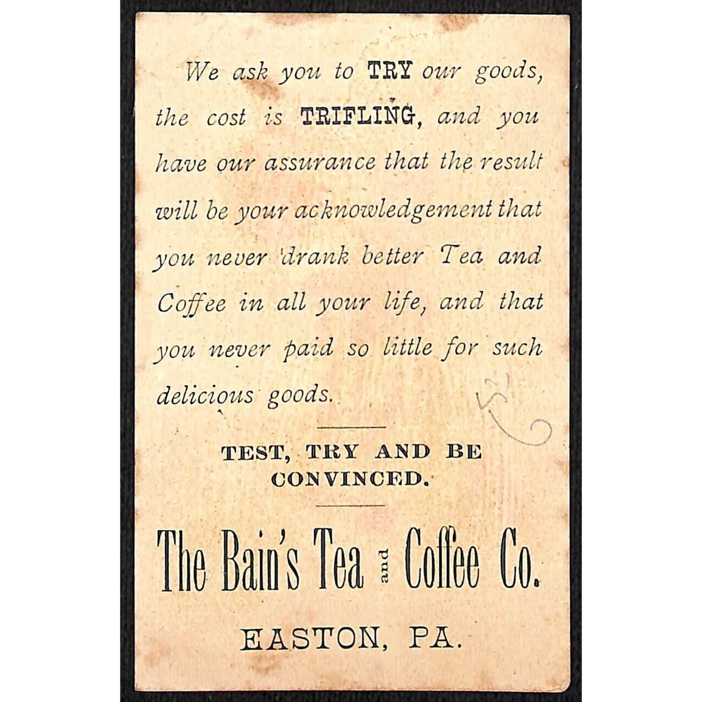 Easton, PA Bain's Tea and Coffee Co. Victorian Trade Card Boy Winter Telescope
