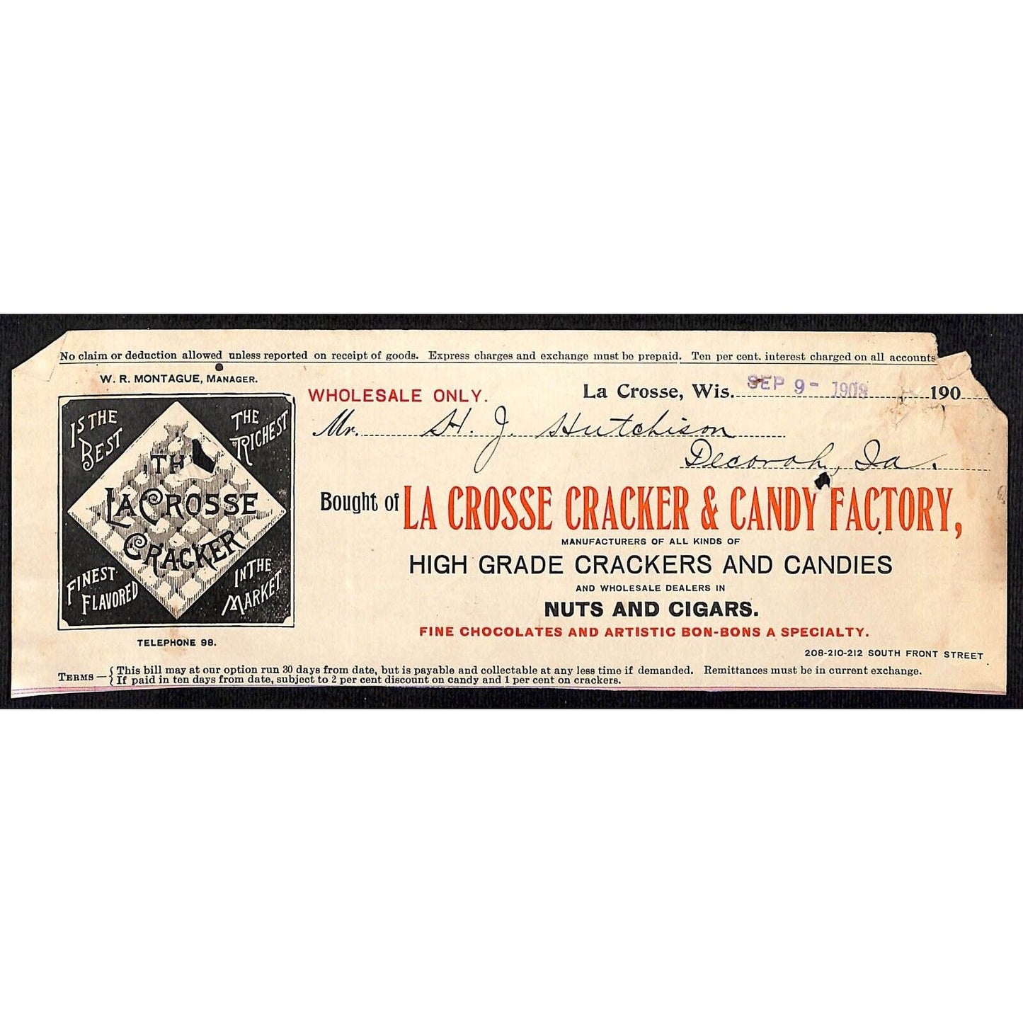 La Crosse Cracker & Candy Factory HJ Hutchinson Decorah, IA* Cut 1908 Billhead