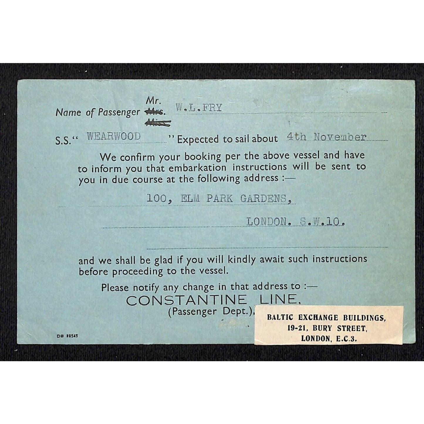 Constantine Line 1937 Ocean Liner Trip Depart Confirmation Card Scarce VGC