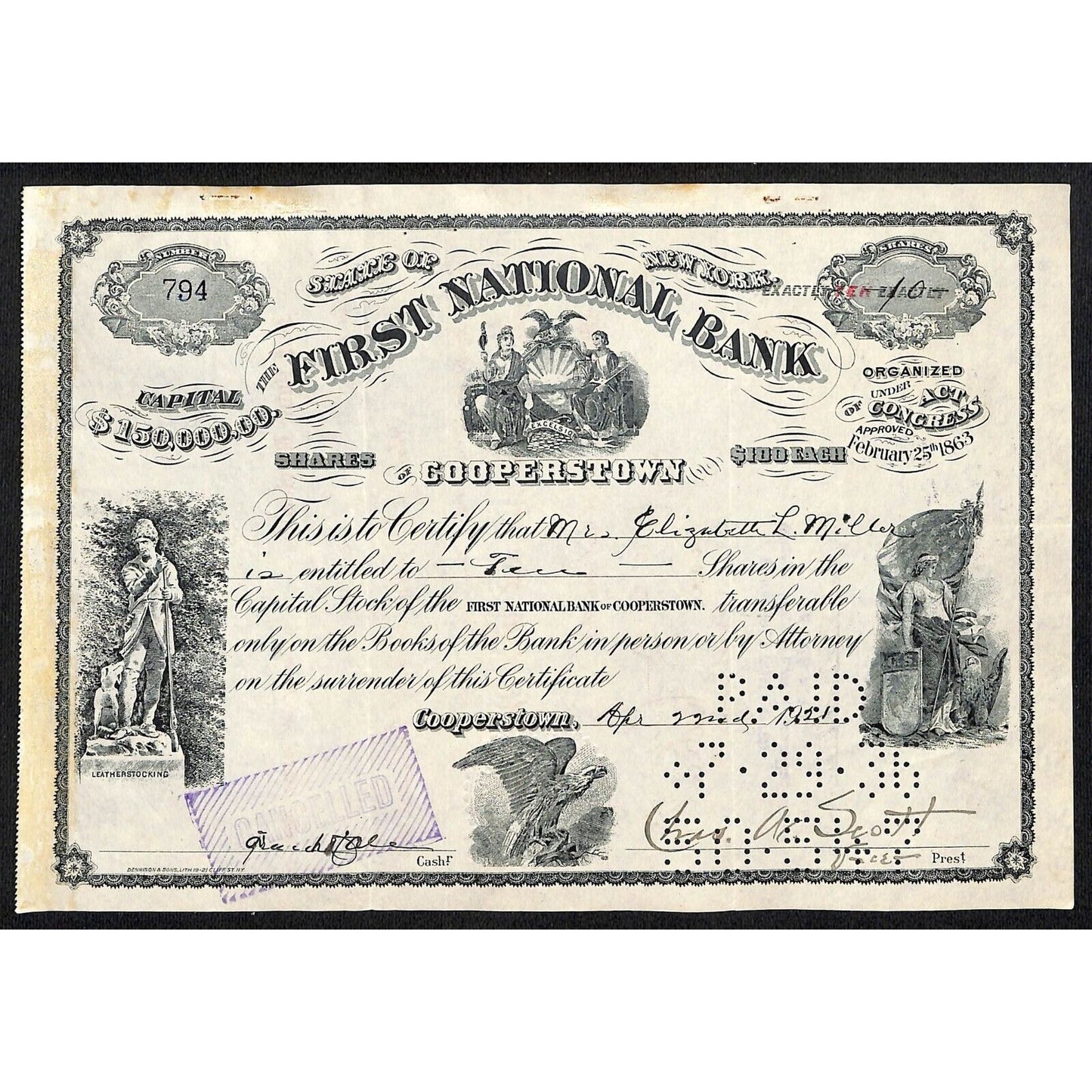 First National Bank of Cooperstown NY 1921 Stock Certificate Elizabeth M. Miller