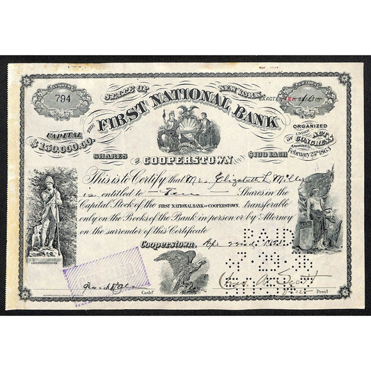First National Bank of Cooperstown NY 1921 Stock Certificate Elizabeth M. Miller