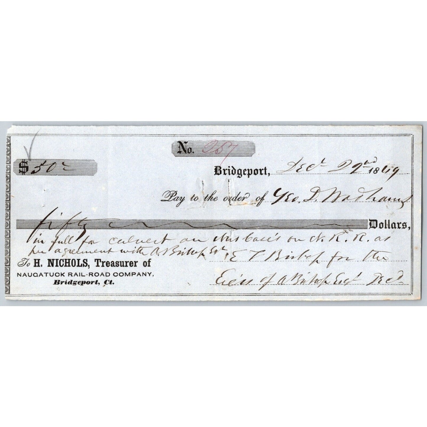 Naugatuck Railroad Co. Bridgeport Connecticut 1849 Check Geo. D Wadhams