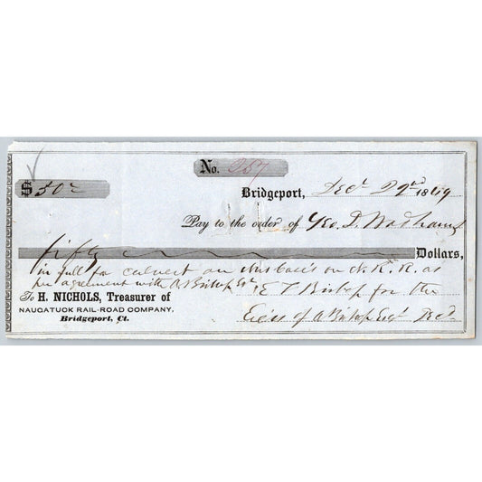 Naugatuck Railroad Co. Bridgeport Connecticut 1849 Check Geo. D Wadhams