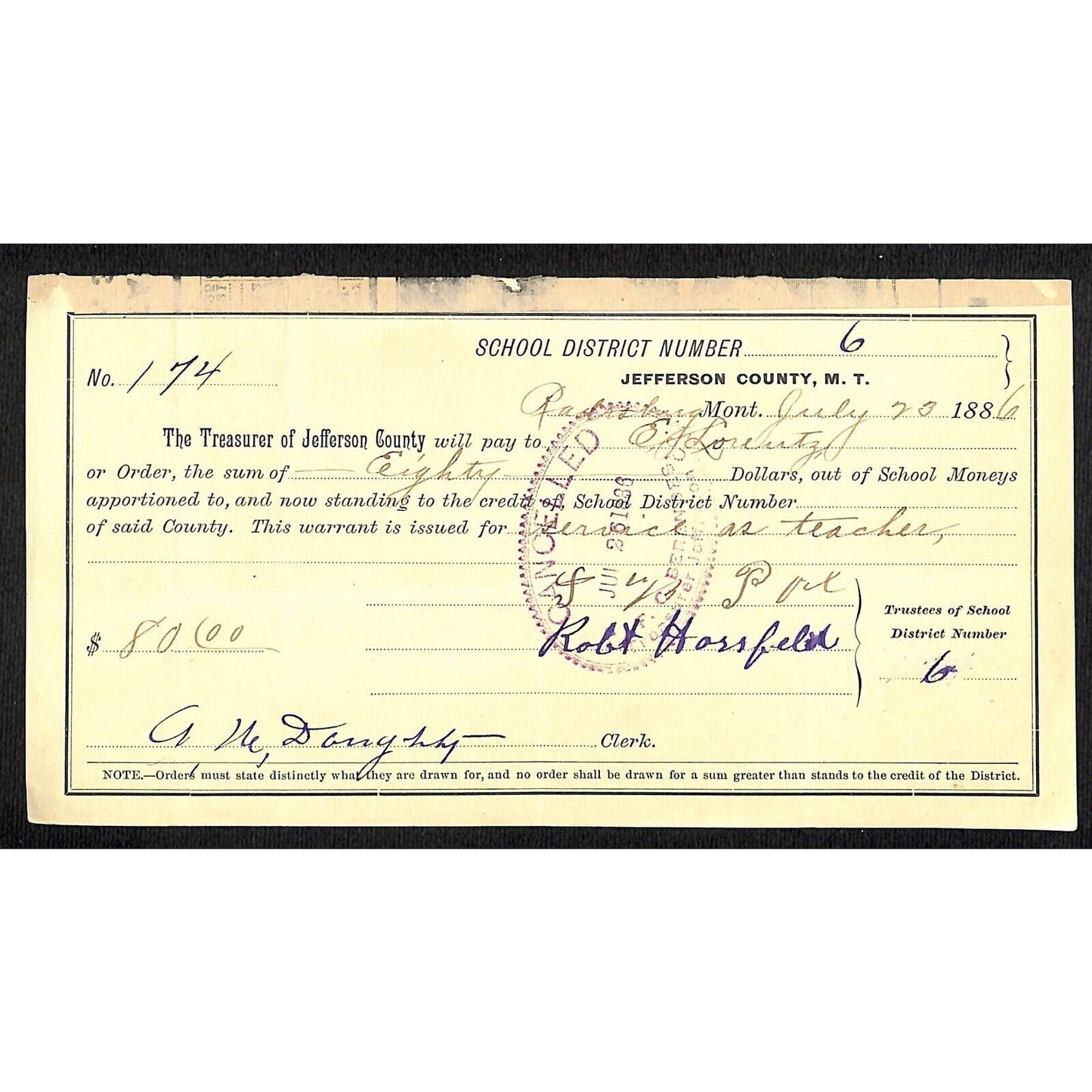 1886 Jefferson County Montana Territory School Warrant for "Service as Teacher"