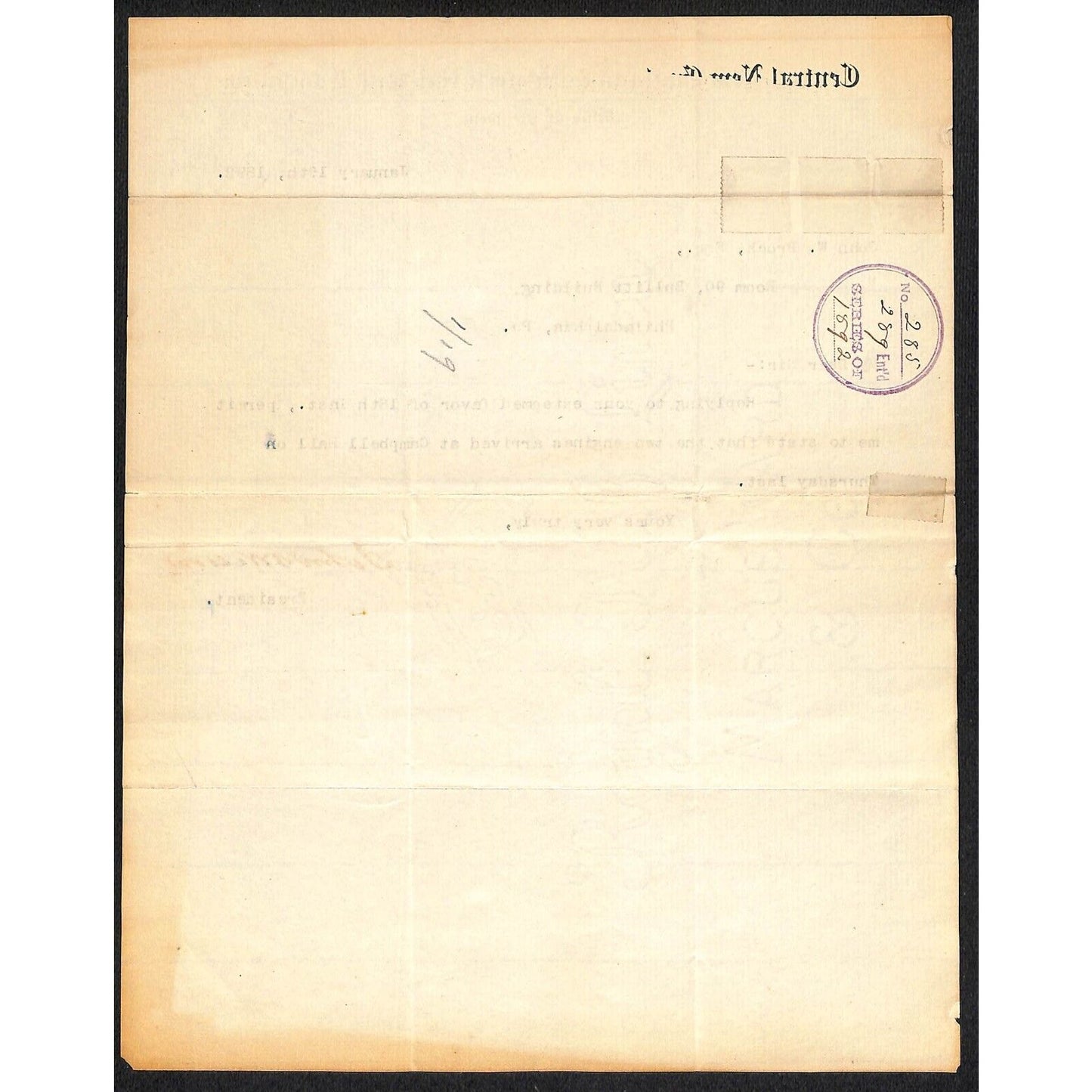 Central New England & Western R.R. 1892 Letterhead re: "..Two Engines Arrived.."