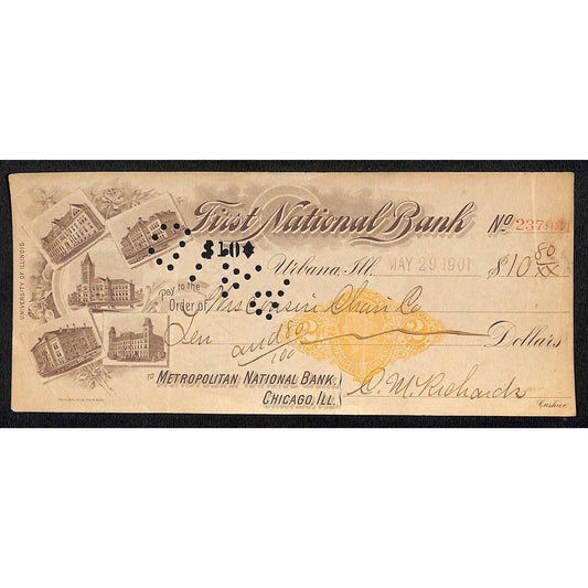 FNB Urbana, IL $10 1901 Bank Check Revenue Stamp w/ University Bldg. Vignettes