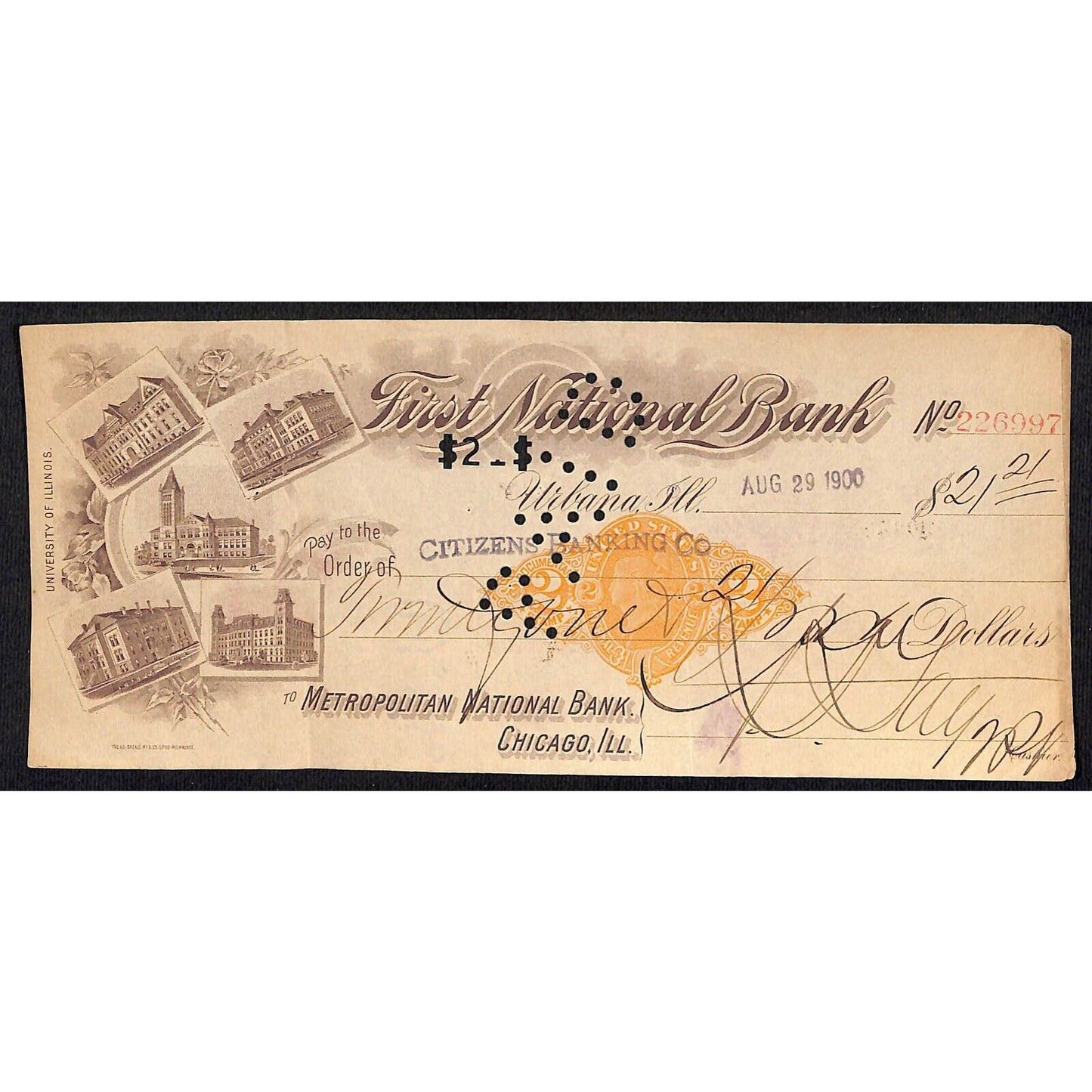 FNB Urbana, IL $21 1900 Bank Check Revenue Stamp w/ University Vignette