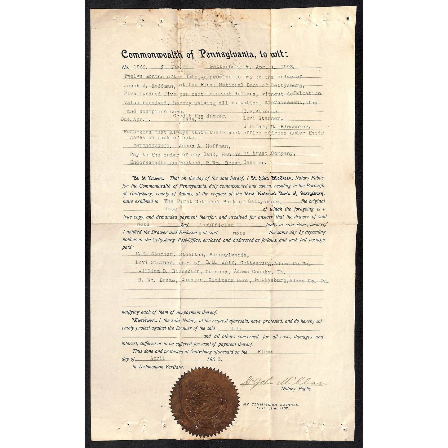 1903 Levi Starner to Jacob Hoffman Gettysburg, PA Notarized Promissory Note