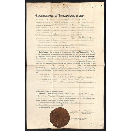 1903 Levi Starner to Jacob Hoffman Gettysburg, PA Notarized Promissory Note