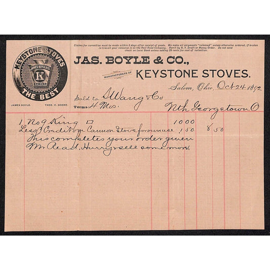Boyle & Co. Keystone Stoves Salem 1892 Billhead Samuel Wang* N. Georgetown, OH