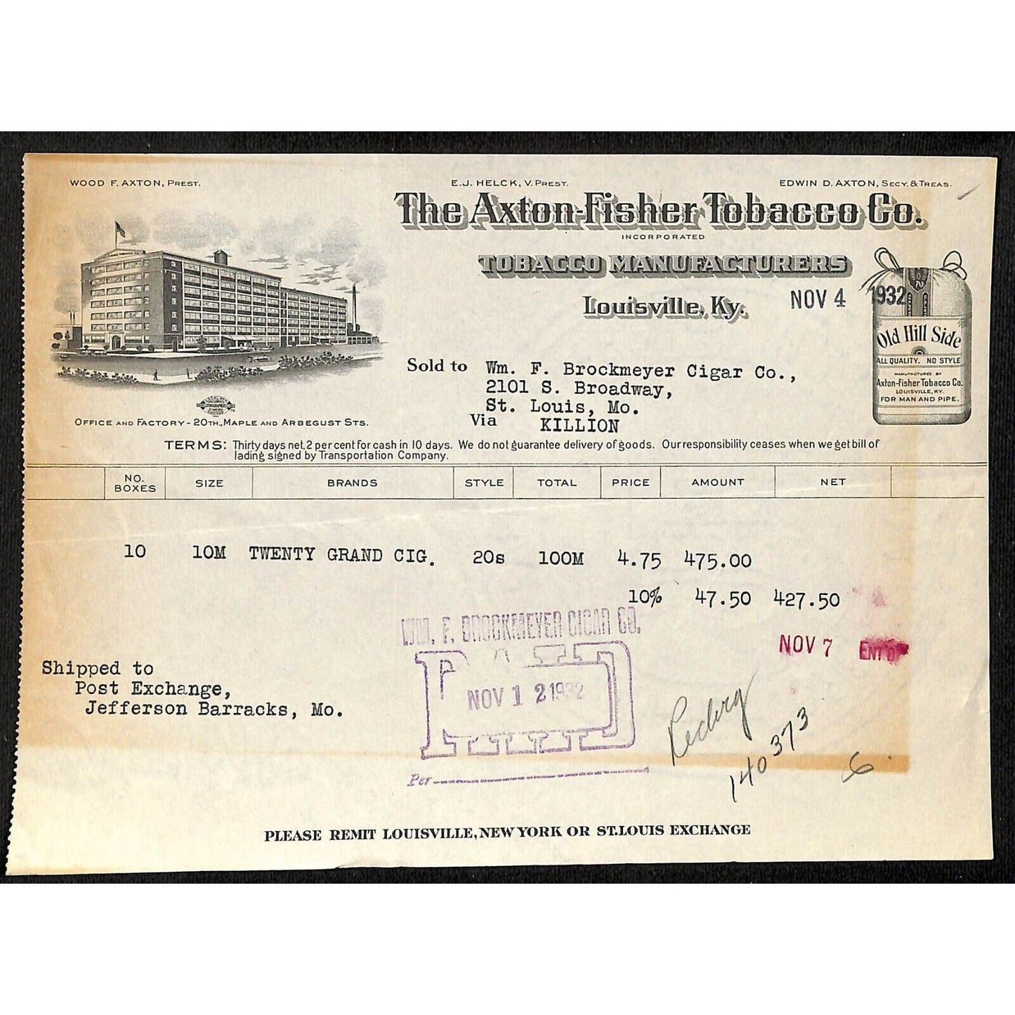 Louisville, KY The Axton-Fisher Tobacco Co. "Old Hill Side" 11/4 1932 Billhead