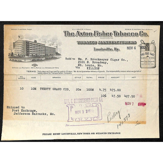 Louisville, KY The Axton-Fisher Tobacco Co. "Old Hill Side" 11/4 1932 Billhead