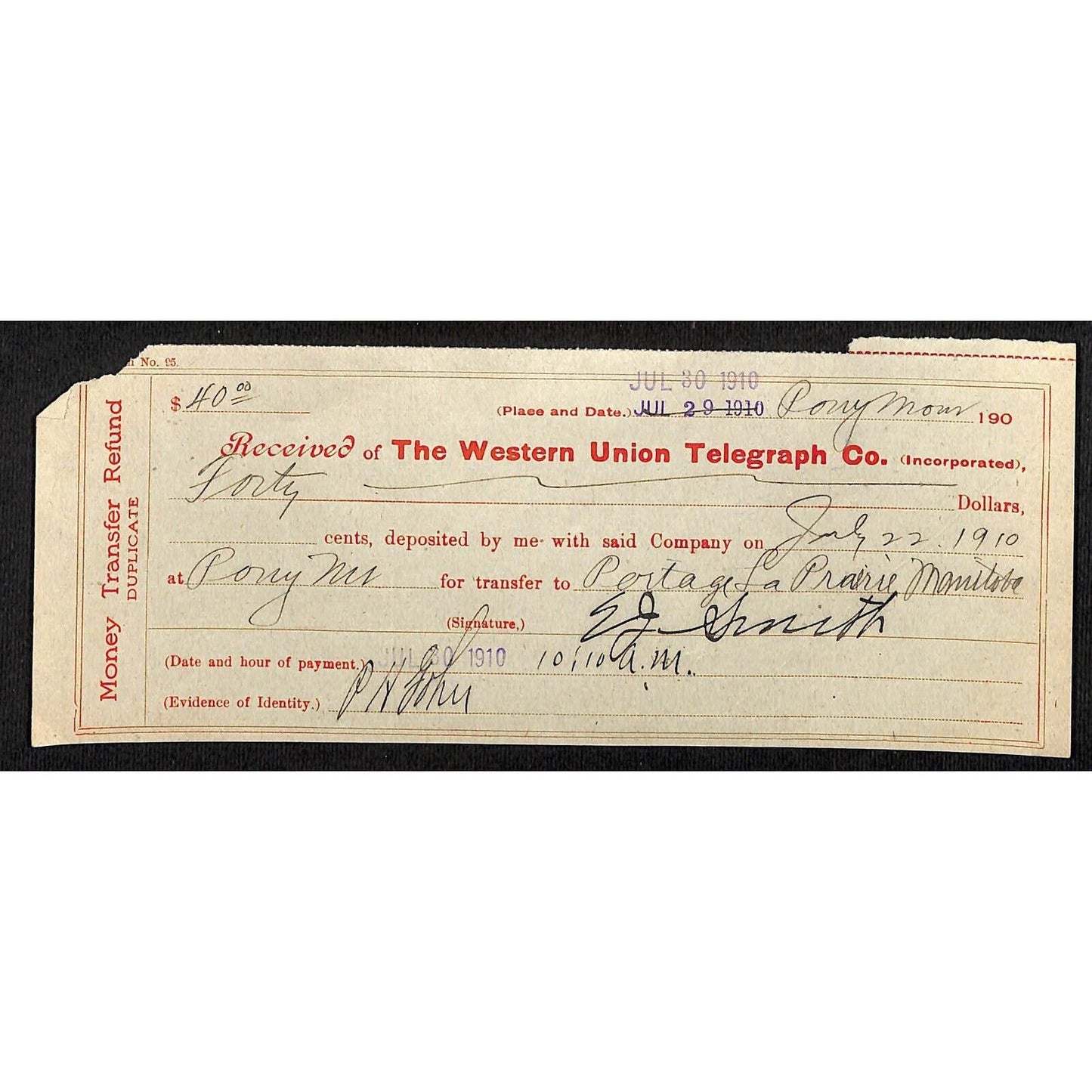 Western Union Telegraph $40 Money Transfer Receipt Pony, MT 1910 VGC