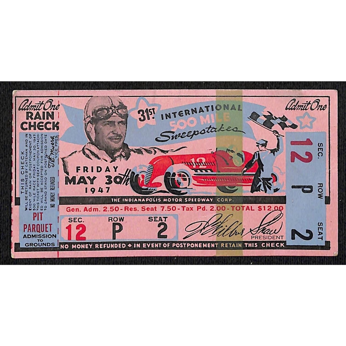 1947 Indy 500 Ticket / IMS 500 Mile Sweepstakes Ticket Stub Seat 2 VGC