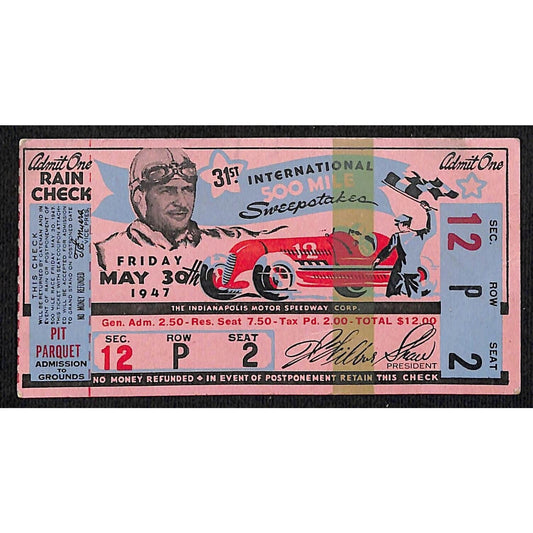 1947 Indy 500 Ticket / IMS 500 Mile Sweepstakes Ticket Stub Seat 2 VGC
