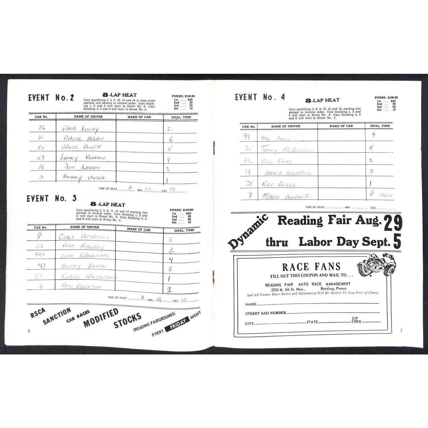 Reading Fairgrounds 1966 USAC Auto Races Program Sprint Car 8p* VGC Mario Scarce