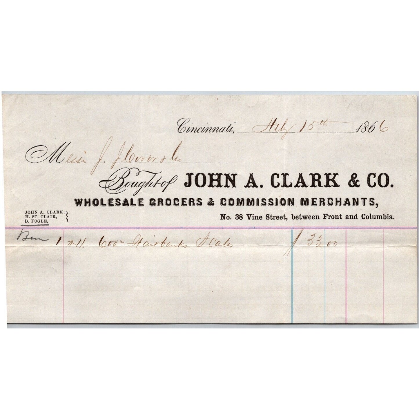 John A. Clark & Co. Grocer Cincinnati 1866 Billhead VGC Scarce